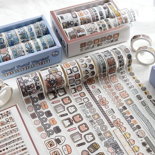 Vista 5 de 12 rollos de cinta kawaii de arte washi, suministros de oficina para la escuela, estética, juego de cinta adhesiva decorativa de dibujos animados