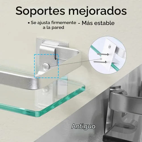 Vista 3 de Baño estante de vidrio Kes con riel de aluminio y extra grueso vidrio templado, estantería de ducha rectangular estilo contemporáneo soporte