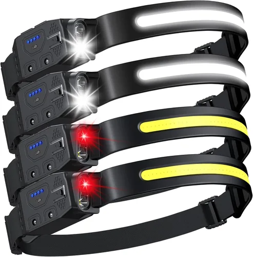 Vista 9 de LHKNL Linterna frontal recargable, 2 unidades, luz LED de haz ancho de 230° con luz blanca y roja, luz de casco duro de larga duración, sensor
