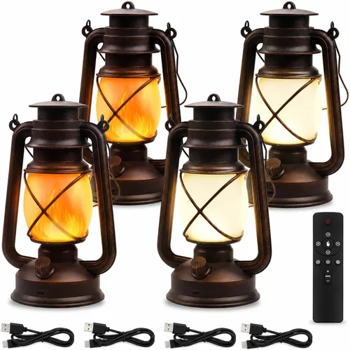 Vista 9 de Farol LED de campamento con pilas, lámpara colgante para exteriores, linterna recargable, llama parpadeante, faroles retro, control remoto, 4 modos