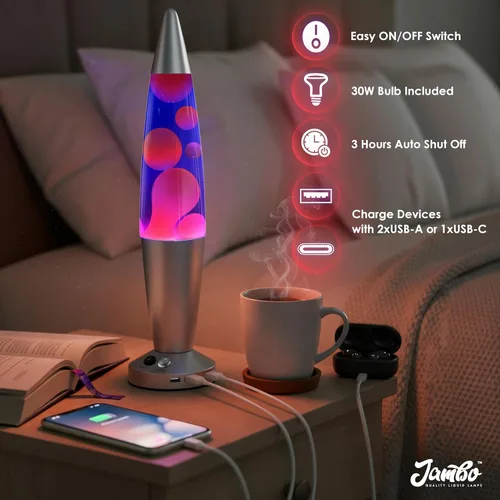 Vista 4 de Jambo - Lámpara de movimiento mejorada de 16" azul líquida, cera púrpura - Puertos USB, temporizador - Lámpara nocturna para adultos, adolescentes