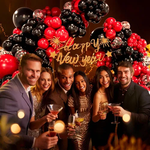 Vista 4 de Kit de guirnalda de arco de globos rojos y negros con globos de confeti negro y rojo para graduación, aniversario, San Valentín, Año Nuevo