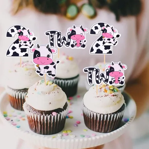 Vista 6 de Rsstarxi Paquete de 36 adornos para cupcakes con diseño de vaca, dos decoraciones para cupcakes de animales de granja con zoom de 2º cumpleaños