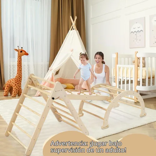 Vista 4 de Pillowhale Juego de triángulos de escalada de madera Montessori extra grande: triángulo plegable para gimnasio, rampa y arco de escalada, parque