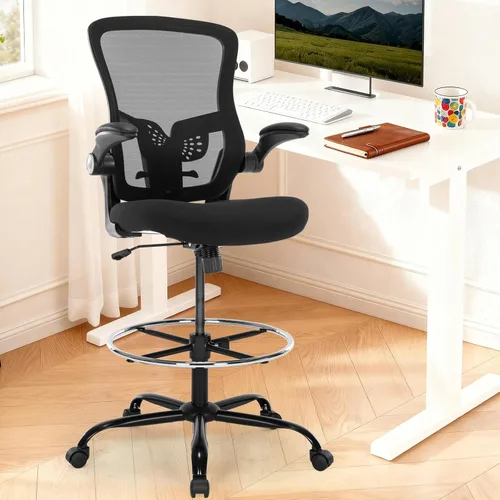 Vista 2 de Silla de dibujo, silla de oficina alta ergonómica con soporte lumbar, taburete de escritorio de pie con reposabrazos abatibles, cómoda silla