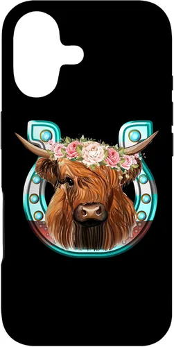 Vista 32 de Floral Highland Cow Heifer Horseshoe Western Country Case for iPhone 16
