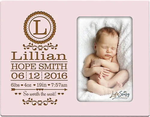Vista 5 de LifeSong Milestones Marco de fotos personalizado con monograma de anuncio de nacimiento de bebé para niños y niñas recién nacidos, marco de fotos