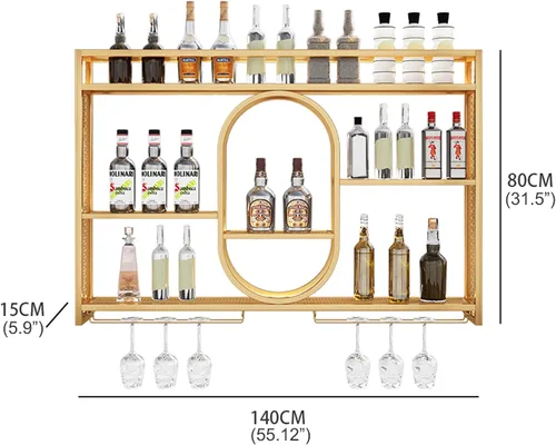 Vista 3 de Estantes para vinos, estantes de bar montados en la pared con estante colgante para copas de vino, estante de exhibición de botellas de licor