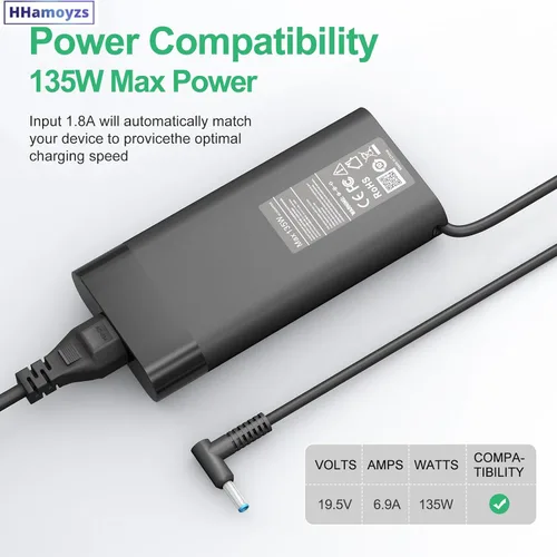 Vista 4 de Cargador para portátil de 135 W compatible con HP Spectre x360 15 15T 16, Pavilion Gaming 15 16 17 15-ec0751ms, Omen 15 G5 G6 17 Envy 13 14 15 16