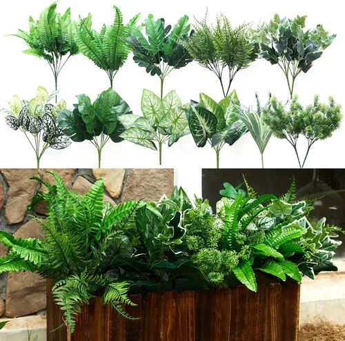 Vista 13 de PARTY JOY 17 racimos de plantas falsas para exteriores, arbustos falsos resistentes a los rayos UV, flores artificiales verdes, arbustos