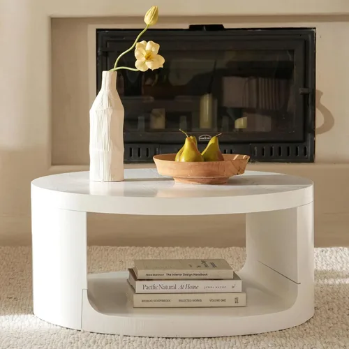 Vista 9 de Mesa auxiliar redonda con almacenamiento, mesa moderna de sala de estar de 31 pulgadas, mesas centrales de madera circulares de 2 niveles para Rosa