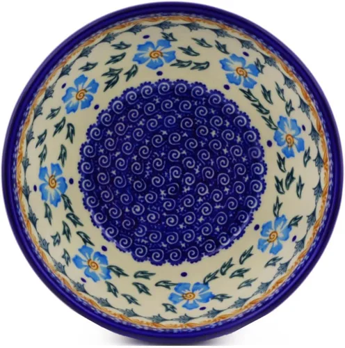 Vista 2 de Auténtico cuenco de cerámica polaca de 6 pulgadas en diseño de aciano azul, hecho a mano en Bolesławiec Polonia por Ceramika Bona + certificado