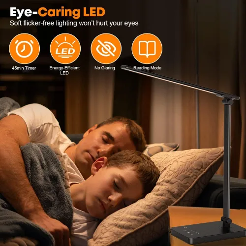 Vista 2 de Lámpara de escritorio LED para cuidado de los ojos, lámpara de mesa regulable con 2 puertos de carga USB y 10 niveles de brillo x 5 modos