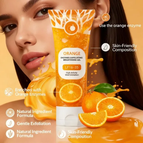Vista 2 de Paquete de 2 gel exfoliante de enzima naranja para rostro y cuerpo, exfoliante suave para refinar la piel y desatascar los poros, hidratante diario