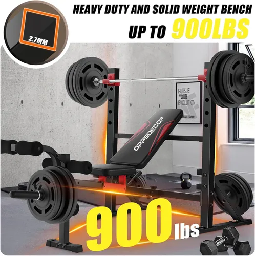 Vista 4 de OPPSDECOR 900LBS Weight Bench Set with Squat Rack Foldable Bench Press Set with Leg Extension & Leg Curl Professional Flat/Incline/Decline Workout