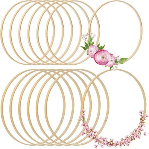 Vista 8 de Framendino, Paquete de 10 anillos de aro de bambú de madera macramé, corona floral para bricolaje atrapasueños, decoración de boda y manualidades