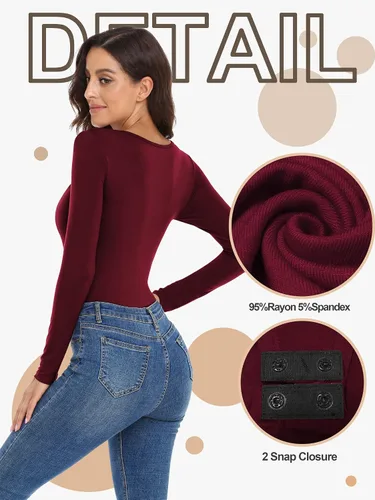 Vista 3 de JUEYUN Body de manga larga con cuello cuadrado para mujer, ajustado, sexy, básico, para mujer