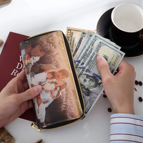 Vista 3 de Loveje - Billeteras personalizadas para mujer, de piel sintética, con grabadas fotográficas, triple pliegue, tarjeta de crédito, cartera larga
