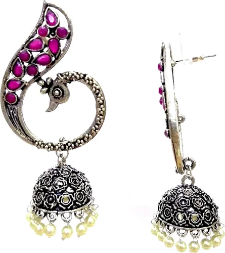 Vista 2 de DESI HAWKER Pendiente oxidado de plata Bali Jhumki Jhumka Joyería Bollywood gota colgante araña floral pavo real diamantes de imitación NI-185, Metal