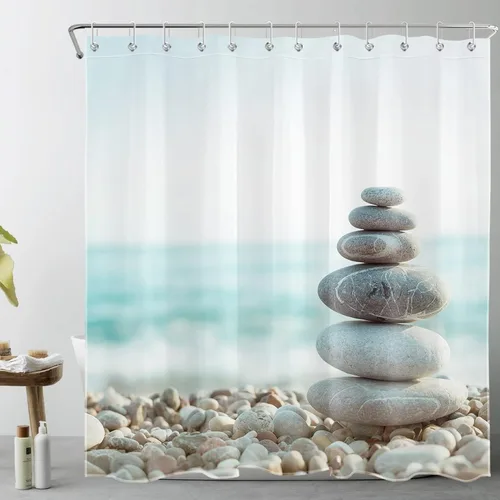 Vista 19 de LB Cortina de ducha asiática de piedra zen, cortina de ducha japonesa para baño, cortinas de baño de tela negra de 48 x 72 pulgadas con ganchos