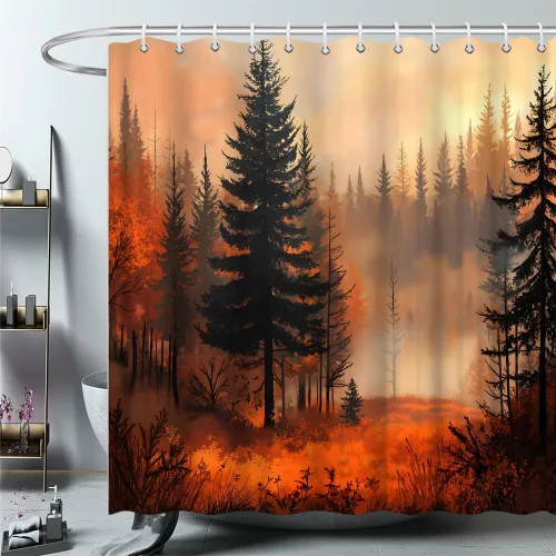Vista 4 de Cortina de ducha de árbol del bosque otoñal, Halloween, bosque brumoso, pino, montaña, niebla, selva, terror, otoño, país de las maravillas, juego