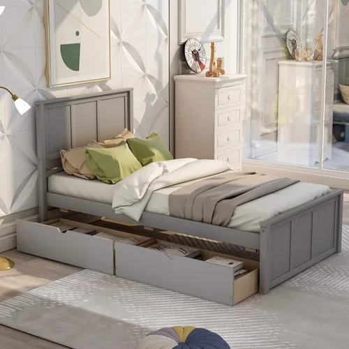 Vista 9 de P PURLOVE Marco de cama de tamaño individual con dos cajones debajo, marco de cama de plataforma doble de madera con cabecera con soporte de Espresso