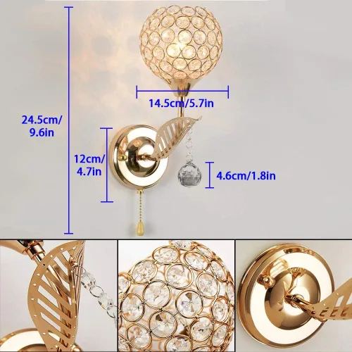 Vista 3 de Lámpara colgante moderna de cristal con acabado cromado para dormitorio, con interruptor de cable de tracción, enchufe E14 (dorado)