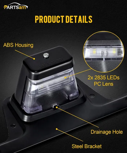 Vista 4 de Partsam Luz LED para matrícula, impermeable, 12 V CC, luz de etiqueta de licencia con soporte, orificio de drenaje, montaje de soporte de acero