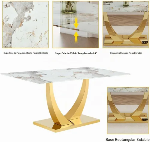 Vista 5 de Juego de mesa de comedor de mármol sintético para 6, mesas de comedor rectangulares para 6, mesa de cocina dorada y 6 sillas de piel sintética