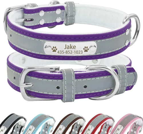 Vista 10 de Collar de perro de cuero reflectante personalizado con forro cálido, collar de perro personalizado con placa de nombre grabada para perros y gatos