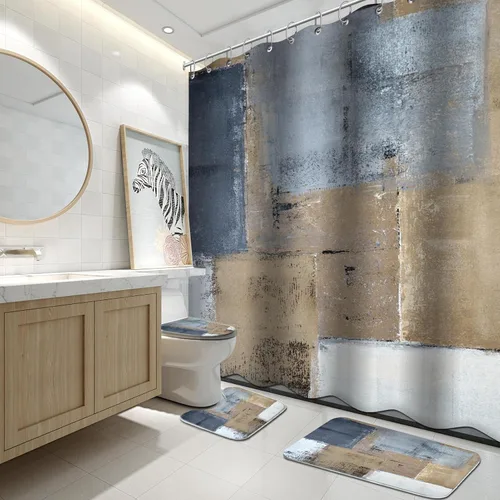 Vista 15 de Lnond 4 Piezas Juegos de Cortinas de Ducha de Baño Moradas con Alfombras, Arte de Pintura Púrpura y Gris Juegos de Baño con Cortina de Ducha