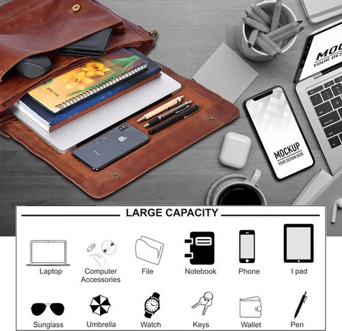 Vista 3 de Bolso de mensajero de cuero real para hombres y mujeres Maletín para laptop para oficina universidad correa de hombro ajustable