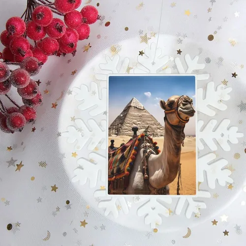 Vista 5 de Adornos de copo de nieve de Navidad con estampado de pirámide de camello, decoraciones colgantes de Navidad, adornos de árbol de Navidad