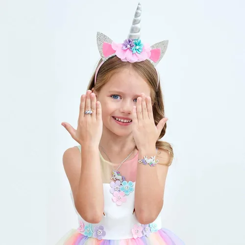 Vista 2 de Vestido de princesa unicornio, para niñas pequeñas, disfraz, joyas y diadema