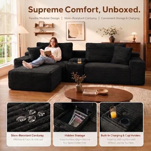 Vista 6 de Sofá modular sin hueso de 111 pulgadas en forma de L con portavasos y puertos de carga USB, sofá modular de 3 asientos con otomana de Negro azabache