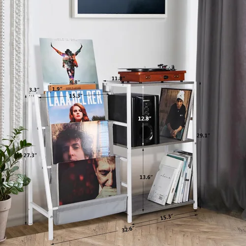 Vista 3 de HYCFYJR Soporte para reproductor de discos de vinilo, almacenamiento de discos de vinilo de 3 niveles, soporte para tocadiscos con soporte Now