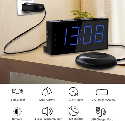 Vista 8 de Roxicosly Reloj despertador súper fuerte con agitador de cama, reloj despertador vibratorio para personas que duermen con problemas auditivos