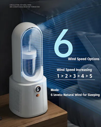 Vista 2 de Ventilador de escritorio de pie sin aspas, humidificador portátil 3 en 1, enfriador de aire silencioso con luz LED, control táctil, ventilador