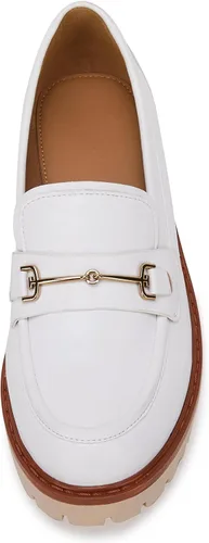 Vista 4 de VETASTE Mocasines clásicos de tacón grueso con plataforma y suela de lengüeta para mujer, con puntera redonda, zapatos Oxford con cadena de metal