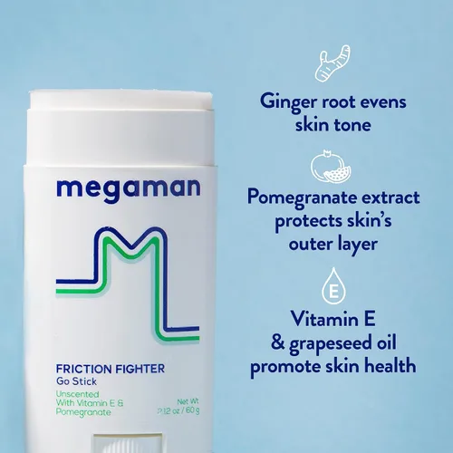 Vista 3 de Megaman Friction Fighter Go - Barra antirozaduras Previene rozaduras e irritación de la piel Muslos, brazos y más Esenciales de verano y clima