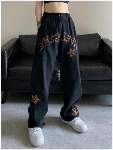 Vista 2 de Harajuku - Jeans de leopardo con estampado de letras, góticos, sueltos, de calle alta, rectos, hip hop
