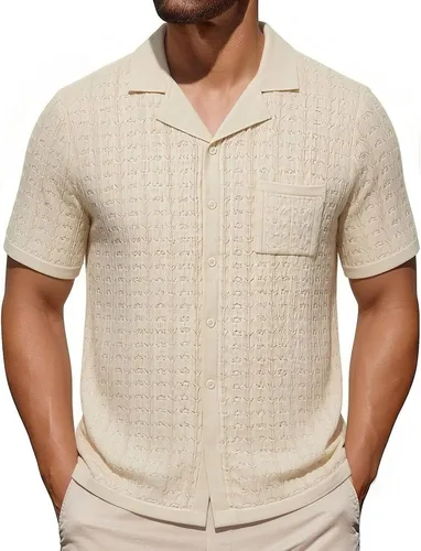 Vista 7 de Mens Cuban Guayabera Shirt Short Sleeve Untucked Solid Button Down Shirts Beach Wedding Causal Vacation Tops Pocket