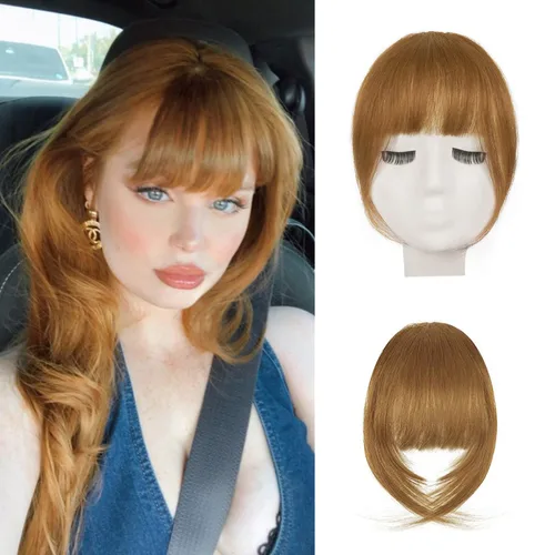 Vista 21 de BARSDAR Flequillo postizo de pelo humano real - Flequillo postizo 100% pelo humano para mujeres - Extensiones de flequillo ondulado castaño rojizo