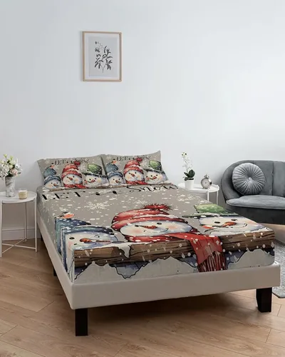 Vista 6 de Juego de sábanas bajeras de tamaño individual para colchón de bolsillo profundo de 5 a 16 pulgadas, diseño de muñeco de nieve suave de Navidad e