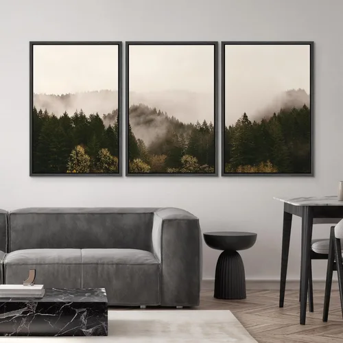 Vista 482 de SIGNWIN Lienzo enmarcado para pared, juego de arte pastel con cadena montañosa, bosque, niebla, naturaleza silvestre, ilustraciones modernas, arte