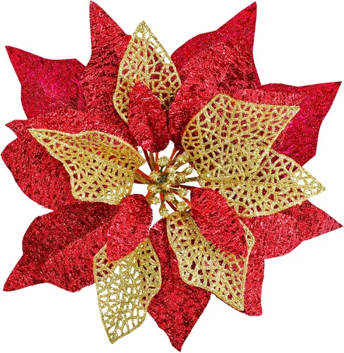 Vista 10 de Juego de 14 flores de Pascua de 8.7 pulgadas de ancho, 4 capas de flores de pascua con purpurina azul para árbol de Navidad, coronas, guirnaldas