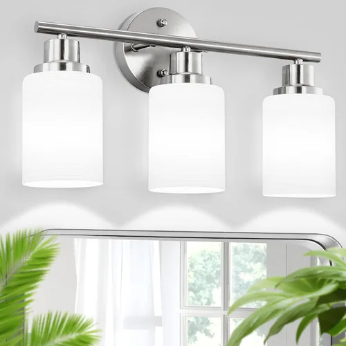 Vista 26 de Paquete de 2 luces de tocador de 1 luz, lámpara de baño de níquel cepillado con pantalla de vidrio blanco lechoso texturizado, accesorio