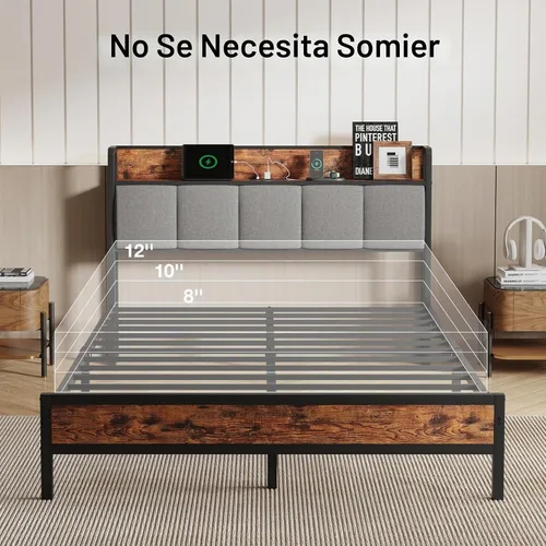 Vista 7 de Novilla Base de cama Queen con estación de carga USB/tipo C y cabecera de almacenamiento, marco de cama de plataforma de metal moderno, fácil