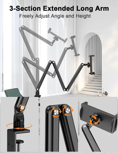Vista 2 de Yumecamp - Soporte para tablet de triple brazo, soporte de aluminio resistente para iPad con abrazadera de escritorio, soporte giratorio de 360°