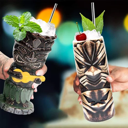 Vista 5 de SuproBarware Tiki - Juego de 4 tazas de cerámica hawaiana para fiesta, tazas grandes de fiesta Tiki para cócteles, bebidas tropicales de bar